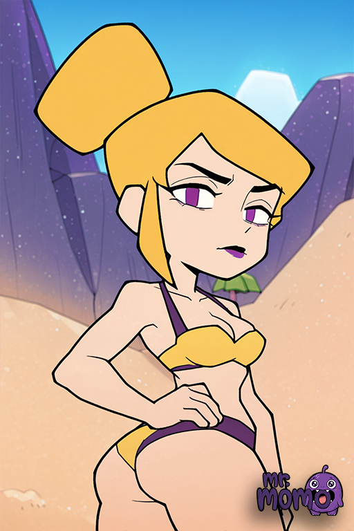 1girl 1girl 1girl ai_generated arm_behind_head artist_name beach bikini blonde_hair blue_sky blush breasts cleavage clothing cowboy_shot day gameoverse hair_bun half-closed_eyes hand_on_own_hip lipstick littlehentai looking_at_viewer makeup medium_breasts miss_information_(gameoverse) navel outside purple_bikini purple_eyes purple_lips sand savitar savitar_(artist) single_hair_bun sky smile standing swimsuit yellow_bikini