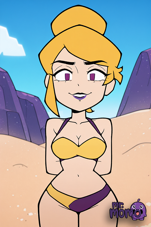 1girl 1girl 1girl ai_generated arm_behind_head artist_name beach bikini blonde_hair blue_sky blush breasts cleavage clothing cowboy_shot day gameoverse hair_bun half-closed_eyes hand_on_own_hip lipstick littlehentai looking_at_viewer makeup medium_breasts miss_information_(gameoverse) navel outside purple_bikini purple_eyes purple_lips sand savitar savitar_(artist) single_hair_bun sky smile standing swimsuit yellow_bikini