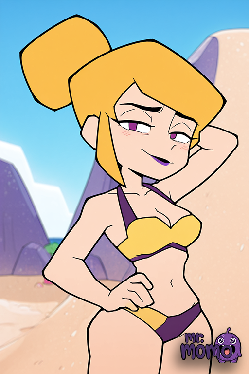 1girl 1girl 1girl ai_generated arm_behind_head artist_name beach bikini blonde_hair blue_sky blush breasts cleavage clothing cowboy_shot day gameoverse hair_bun half-closed_eyes hand_on_own_hip lipstick littlehentai looking_at_viewer makeup medium_breasts miss_information_(gameoverse) navel outside purple_bikini purple_eyes purple_lips sand savitar savitar_(artist) single_hair_bun sky smile standing swimsuit yellow_bikini