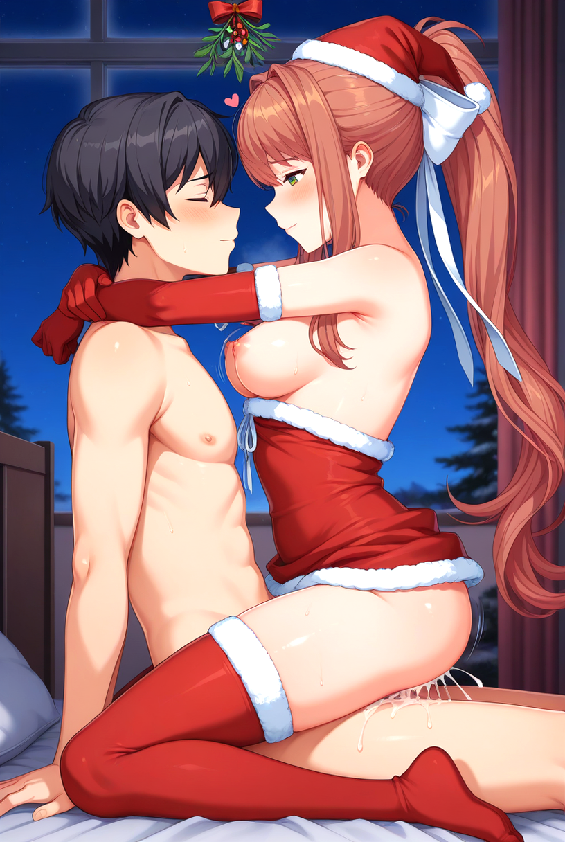 1boy 1girls ai_generated arms_around_neck bare_shoulders bedroom big_breasts blush bow breasts breasts_out brown_hair christmas christmas_stockings clothed clothed_female clothed_female_nude_male clothed_sex cum_in_pussy doki_doki_literature_club dress emerald_eyes gloves hairbow heart in_bed long_gloves long_hair mistletoe monika_(doki_doki_literature_club) naked_male night nipples nude nude nude_male penis_in_pussy ponytail santa_dress santa_gloves santa_hat sex smile stockings upright_straddle vaginal_penetration white_bow
