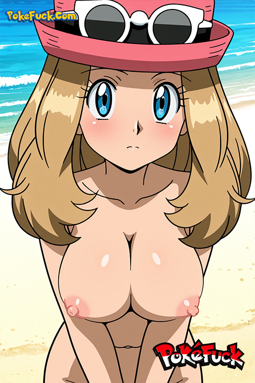 1girl 1girl 1girl ai_generated beach big_breasts blonde_hair blue_eyes blush breasts brown_hair closed_mouth clothing collarbone copyright_name day eyelashes eyewear_on_head eyewear_on_headwear hat lenmmon light_brown_hair long_hair looking_at_viewer mr_momo navel nintendo nipples nude nudist ocean out-of-frame_censoring outside pink_headwear pokefuck pokemon sand serena_(pokemon) standing sunglasses v_arms water white-framed_eyewear