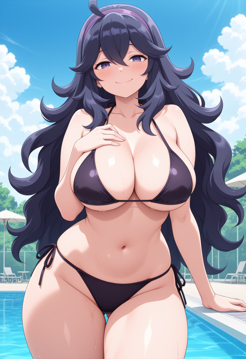 1girl ai_generated big_breasts bikini blush breasts cleavage female_only hand_on_chest hand_on_own_chest headband hex_maniac in_pool in_water long_hair nintendo outdoor_pool outside pokemon pool purple_bikini purple_eyes purple_hair purple_headband smile solo_female vegaforge