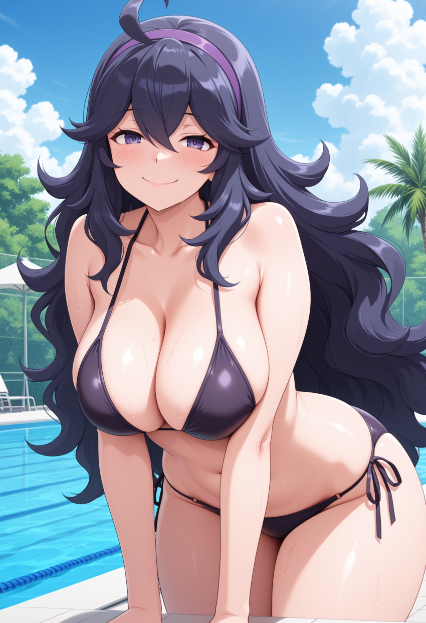 1girl ai_generated big_breasts bikini blush breasts cleavage female_only headband hex_maniac leaning_forward long_hair nintendo outdoor_pool outside pokemon pool poolside purple_bikini purple_eyes purple_hair purple_headband smile solo_female vegaforge