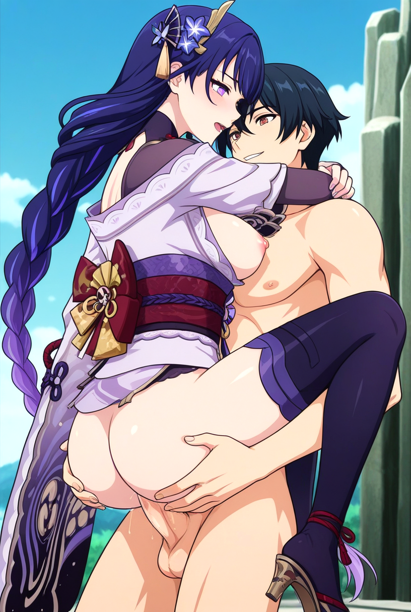 1boy 1girls ai_generated arms_around_neck big_breasts blush braided_ponytail breasts breasts_out clothed clothed_female clothed_female_nude_male clothed_sex genshin_impact hair_accessory hair_ornament hands_on_ass high_heels naked_male nipples nude nude nude_male obi outside penis_in_pussy purple_eyes purple_hair purple_stockings pussy_juice raiden_shogun sash sex standing_upright_straddle stockings upright_straddle vaginal_penetration