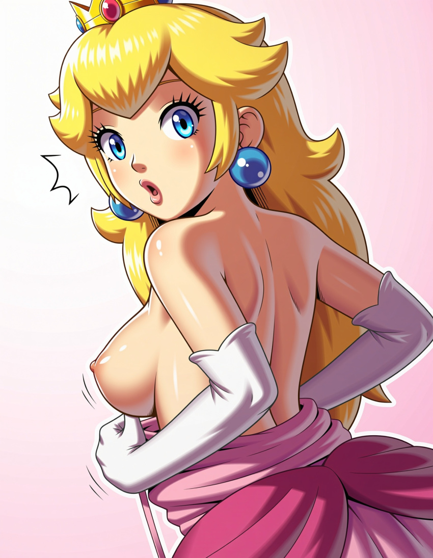1girl ai-generated ai_assisted ai_generated blonde_hair blue_eyes blush breasts_out chrominance crown dress_pull earrings female_focus gloves jewelry long_hair looking_back mario_(series) medium_breasts nintendo nipples pink_dress princess_peach simple_background white_background