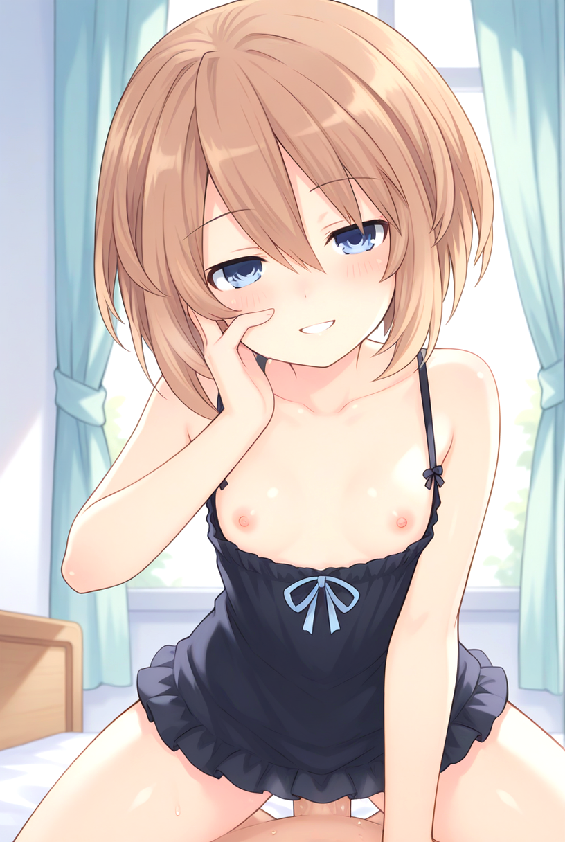 1boy 1girls ai_generated bedroom bedroom_eyes blanc blush breasts breasts_out brown_hair cowgirl_position gentle_smile half-closed_eyes hand_on_face hand_on_own_face in_bed indigo_eyes morning naked_male neptunia_(series) nightgown nipples nude nude nude_male penis_in_pussy pov sex short_hair small_breasts smile vaginal_penetration