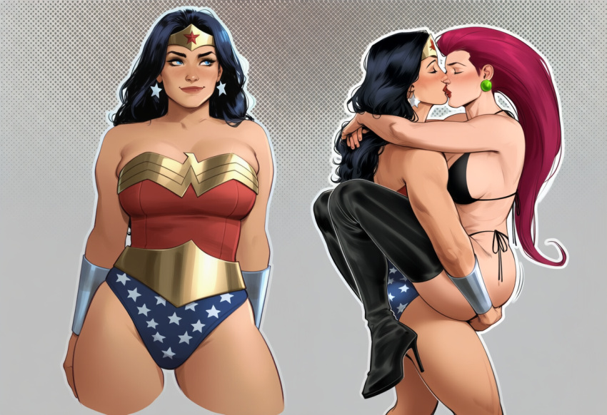 2_girls alternate_costume amazon arms_around_neck arms_behind_back bangs bare_arms bare_legs bare_shoulders big_breasts bikini black_bikini black_boots black_eyeshadow black_footwear black_hair black_high_heels black_swimsuit black_thigh_boots blue_eyes blue_leotard blush boots bracer breast_press breasts brown_eyeshadow carrying closed_eyes closed_mouth collarbone contrapposto couple crossover dc_comics diana_prince duo earrings eyeshadow female/female female_only footwear gold_jewelry green_earrings grey_background heroine high_heels highleg highleg_leotard hugging jessie_(pokemon) jewelry justice_league justice_league_unlimited kissing legs leotard lips lipstick long_hair looking_to_the_side love makeup midriff multicolored_clothes multicolored_leotard multiple_girls multiple_views mutual_yuri naughty_face neck nintendo parted_bangs phophopho pokemon pokemon_(anime) red_hair red_leotard red_lipstick romantic romantic_couple sequential side-tie_bikini sideboob silver_bracer silver_earrings silver_jewelry smile sphere sphere_earrings standing star star_(symbol) star_earrings star_print straight_hair strapless strapless_leotard superhero_costume superheroine swimsuit team_rocket themysciran thick_eyebrows thigh_high_boots thighs tiara two-tone_leotard very_long_hair villainess wonder_woman wonder_woman_(series) yuri