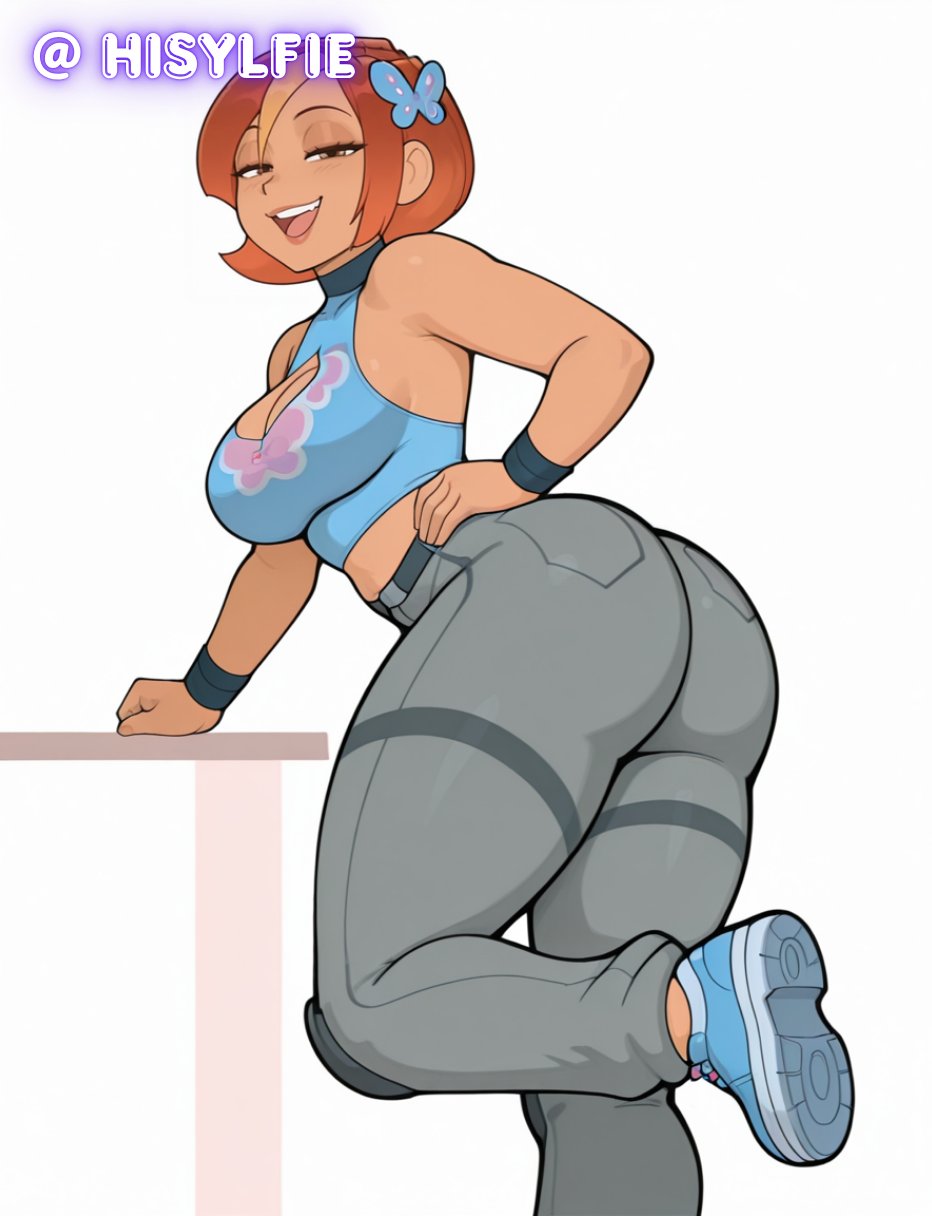 ai_generated athletic_female bare_thighs big_ass big_ass big_breasts brown_eyes butterfly_(planetronika) butterfly_hair_ornament fat_ass gigantic_ass grin hisylfie huge_breasts huge_thighs jeans light-skinned_female light_skin looking_at_viewer massive_ass massive_breasts orange_hair planetronika short_hair solo_female squatting sweat sweatdrop thick_body thick_female thick_thighs thighs voluptuous voluptuous_female