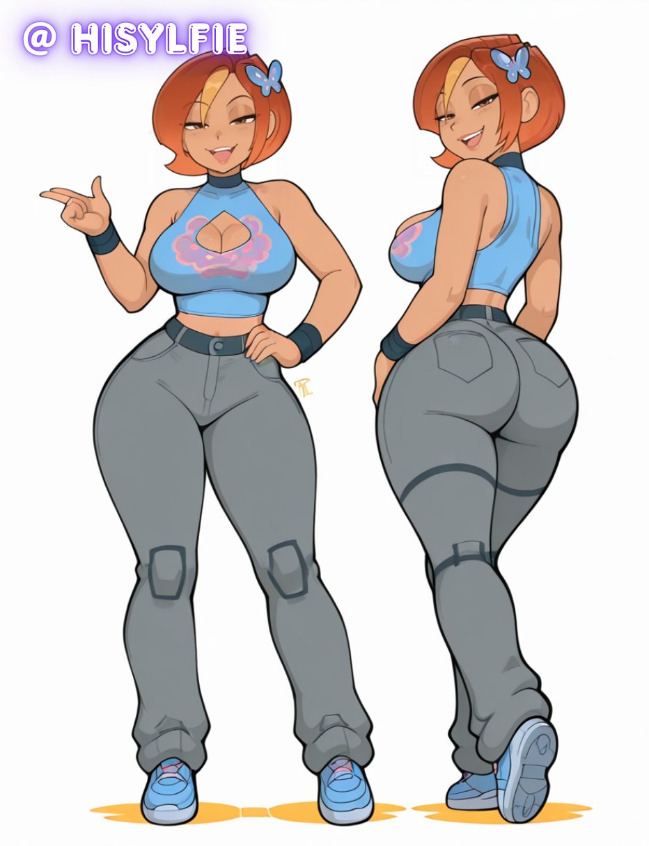 ai_generated athletic_female bare_thighs big_ass big_breasts brown_eyes butterfly_(planetronika) butterfly_hair_ornament fat_ass gigantic_ass grin hisylfie huge_breasts huge_thighs jeans light-skinned_female light_skin looking_at_viewer massive_ass massive_breasts orange_hair planetronika short_hair solo_female squatting sweat sweatdrop thick_body thick_female thick_thighs thighs voluptuous voluptuous_female
