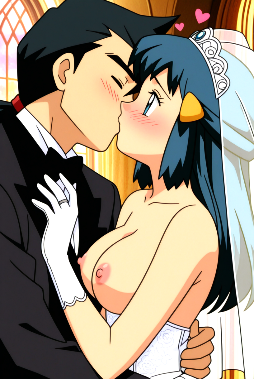 1boy 1girls ai_generated bare_shoulders big_breasts blue_eyes blue_hair blush breasts breasts_out church clothed dawn_(pokemon) hair_accessory hair_ornament hearts hugging kissing long_hair nintendo nipples pokemon tuxedo wedding wedding_dress wedding_gloves wedding_ring wedding_tiara wedding_veil