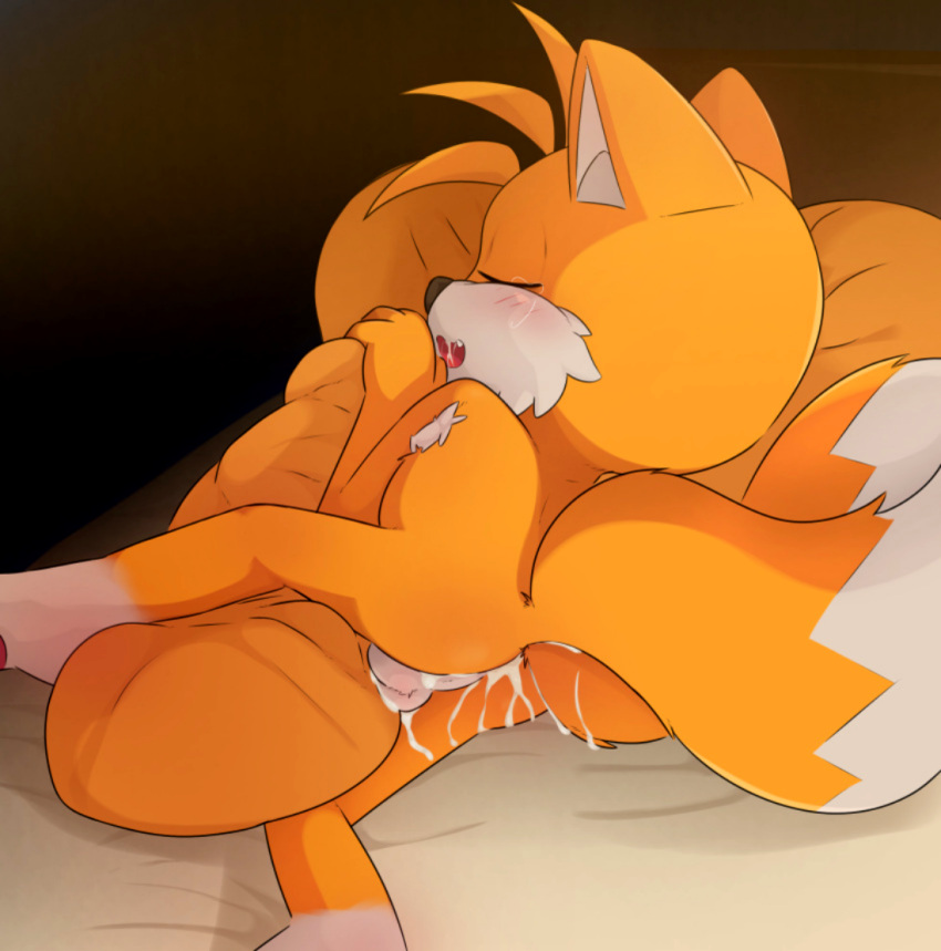 1boy ai-generated ai_assisted ai_generated anthro ass blush closed_eyes cum furry furry_male horny_male miles_tails_prower on_bed open_mouth pillow_hug sega sega side_laying sleep sleeping sonic_the_hedgehog_(series) tails_the_fox testicle two-tone_hair two_tails yellow_fur yiff