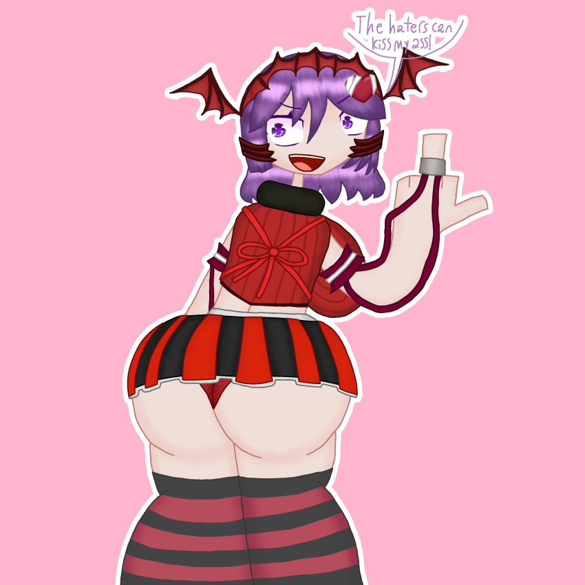 1girl absurd_res ass ass_focus curiousleviathan english_text from_behind head_wings looking_back middle_finger notchi_(internetiotisstrange) open_mouth panties pink_background purple_eyes purple_hair red_panties short_hair simple_background skirt smile speech_bubble stockings striped striped_skirt striped_thighhighs thick_thighs thighs underwear wings