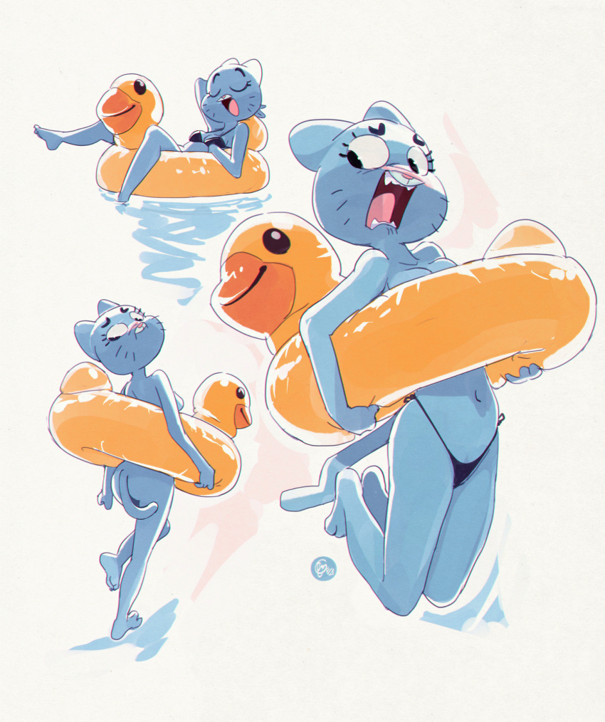 1girl anatid anseriform anthro ass avian back_boob bikini bird blush breasts cartoon_network closed_eyes clothed clothing convenient_censorship domestic_cat duck edtropolis felid feline felis female high_res mammal nicole_watterson nude nude_anthro nude_female open_mouth pool_toy smile solo swimwear the_amazing_world_of_gumball topless topless_anthro topless_female two-piece_swimsuit water