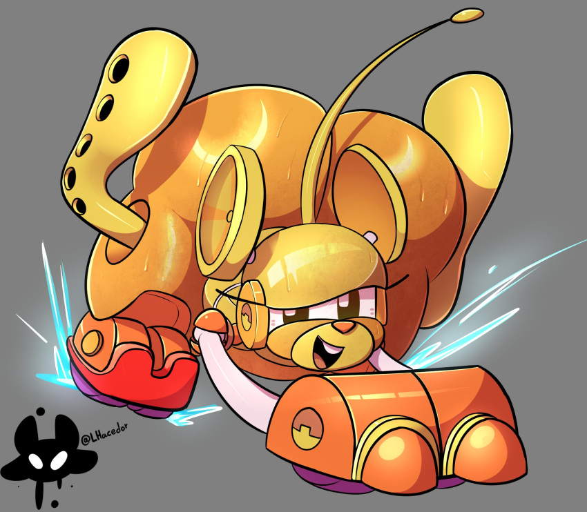 1girl android animal_mechanicals antennae anthro ass big_ass black_eyes body_fur brown_eyes buck_teeth cable electricity female furry gluteal_fold huge_ass joints lhacedor looking_at_viewer mouse mouse_(animal_mechanicals) multicolored_skin murid murine no_humans open_mouth raised_tail robot robot_girl robot_joints simple_background smile sweat tail teeth two-tone_skin two_tone_fur upper_teeth_only yellow_fur