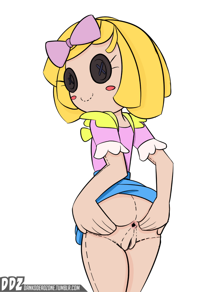 1girl anus artist_name ass ass_grab bitty_buttons black_eyes blouse blue_skirt blush blush_stickers bow button_eyes clothed clothes_lift clothing colored dankodeadzone doll edit edited eyelashes female grabbing_own_ass hair_bow hair_ornament hair_ribbon hairbow hand_on_ass hand_on_butt lalaloopsy light-skinned_female light_skin looking_at_viewer mga_entertainment original original_character pink_bow pink_shirt plush_doll presenting presenting_anus pussy ragdoll ribbons rosy_cheeks shirt short_hair short_sleeves signature simple_background skirt skirt_lift smile solo spread_anus spreading standing stitch_(sewing) stitches thighs tumblr_username white_background yellow_hair