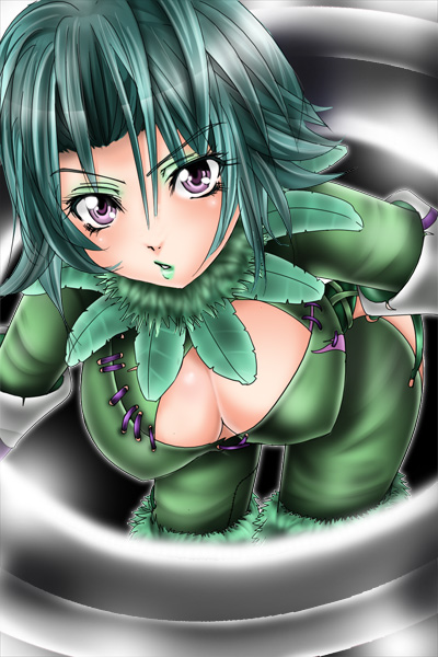 1041_(toshikazu) 1girl 1girl aqua_hair bent_over big_breasts breasts chakram cleavage cleavage_cutout clothing_cutout cowboy_shot eiserne_drossel_(weapon) eyeshadow feathers female_focus fighting_game green_hair green_lips hanging_breasts huge_weapon lipstick looking_at_viewer makeup pants parted_lips project_soul purple_eyes ring_blade short_hair soul_calibur soul_calibur_3 soul_calibur_iii soul_calibur_iv soul_calibur_v soul_calibur_vi soulcalibur soulcalibur_iii soulcalibur_iv soulcalibur_v soulcalibur_vi standing standing_up tira tira_(soulcalibur) video_game_character video_game_franchise video_games weapon