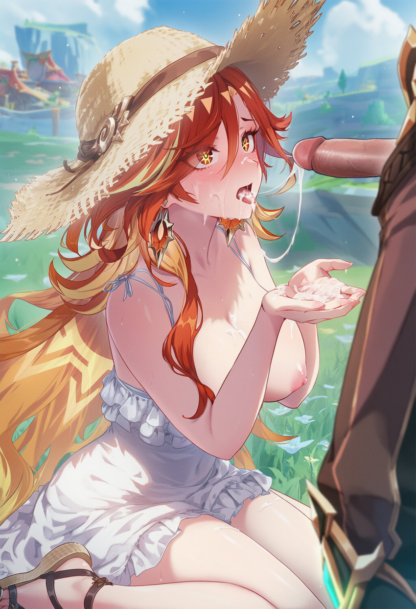 1boy 1girl aether_(genshin_impact) ai_generated big_breasts blush breasts breasts_out clothed cum_on_breasts cum_on_face cum_on_hands cum_on_tongue cum_string dress earrings genshin_impact hands_together long_hair mavuika_(genshin_impact) nipples on_knees orange_eyes orange_hair outside penis penis_out raicyai sandals sunhat tongue tongue_out white_dress