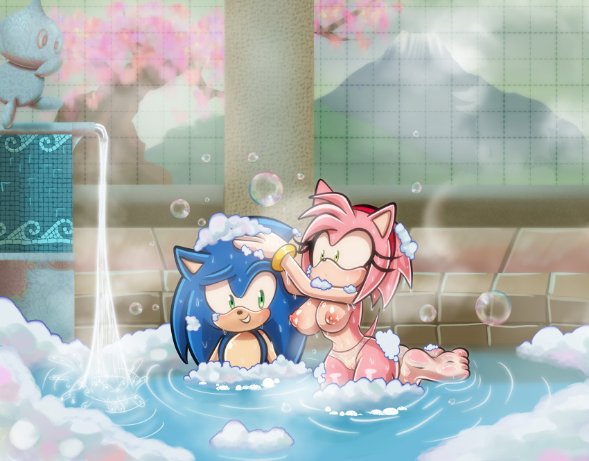 1boy 1girl amy_rose bath bathing bathtub big_breasts boy demichan female girl hedgehog hedgehogs japanese male mobian mobians onsen relaxing sega sonamy sonic_(series) sonic_the_hedgehog sonic_the_hedgehog_(series) water wet_clothes wet_panties