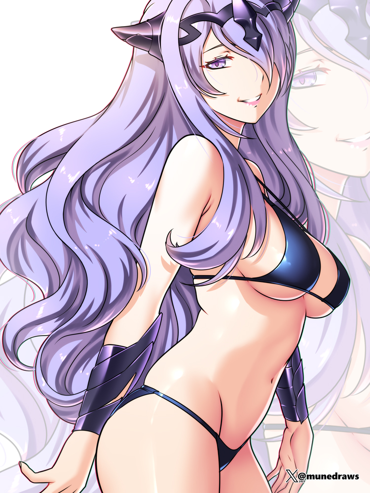 1girl 1girl alluring alternate_costume arm_guards bare_arms bare_shoulders big_breasts bikini blue_bikini breasts camilla_(fire_emblem) etchimune fire_emblem fire_emblem_fates fire_emblem_warriors hair_over_one_eye intelligent_systems long_hair looking_at_viewer navel nintendo open_mouth purple_eyes purple_hair sideboob skindentation smile stomach swimsuit thighs tiara under_boob very_long_hair wavy_hair zoom_layer
