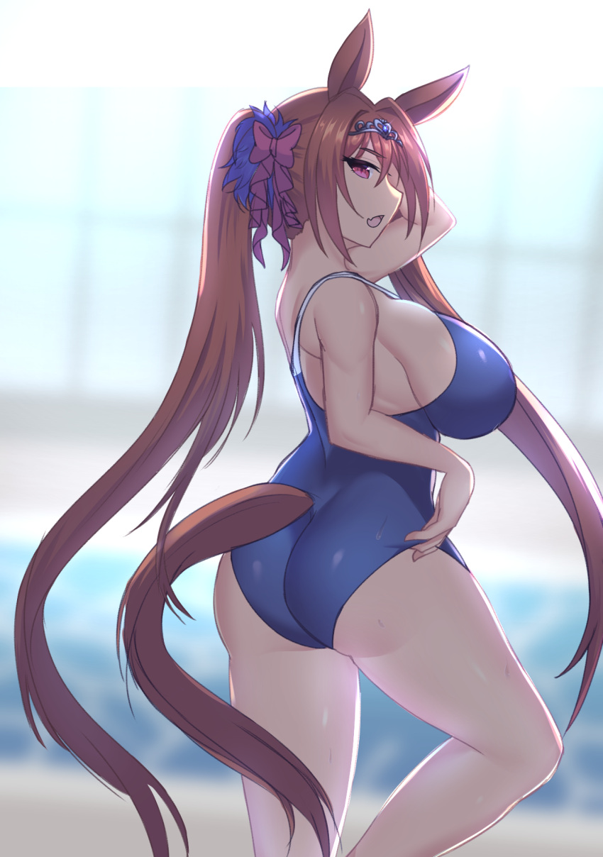1girl 1girl animal_ears big_breasts blue_one-piece_swimsuit blurry blurry_background bow breasts brown_hair competition_school_swimsuit competition_swimsuit cowboy_shot daiwa_scarlet_(umamusume) depth_of_field fang from_side hair_bow hair_intakes half-closed_eyes hand_under_clothes hand_under_swimsuit high_res horse_ears horse_girl horse_tail indoors jifuwabe long_hair looking_at_viewer looking_to_the_side one-piece_swimsuit open_mouth ponytail pool red_eyes school_swimsuit sideboob sideways_glance skin_fang swimsuit tail thighs tiara twin_tails umamusume very_long_hair water wide_hips