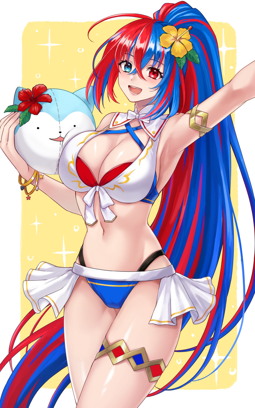1girl 1girl :d absurd_res alear_(female)_(fire_emblem) alear_(female)_(seaside_dragon)_(fire_emblem) alear_(fire_emblem) alluring arm_up bangle bare_shoulders big_breasts bikini blue_bikini blue_eyes blue_hair bracelet cleavage commentary cowboy_shot criss-cross_halter fire_emblem fire_emblem_engage fire_emblem_heroes flower hair_flower hair_ornament halterneck hand_up hazuki_(nyorosuke) heterochromia hibiscus high_res holding intelligent_systems jewelry light_persona long_hair looking_at_viewer multicolored_hair navel nintendo official_alternate_costume official_alternate_hairstyle open_mouth ponytail red_bikini red_eyes red_flower red_hair showgirl_skirt smile sommie_(fire_emblem) split-color_hair standing stomach streaked_hair swimsuit thighlet thighs two-tone_hair very_long_hair white_bikini yellow_flower
