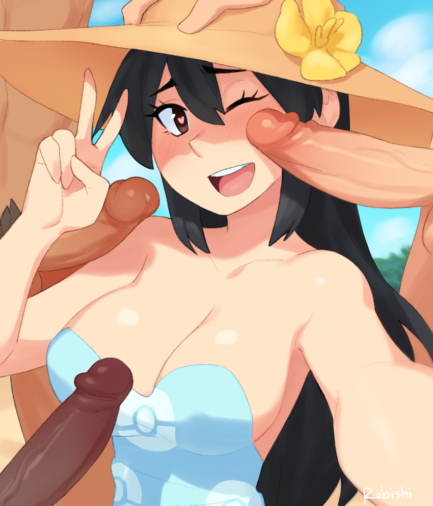 1girl 3boys bare_arms bare_shoulders beach big_breasts black_hair blue_dress blurry blurry_background breasts brown_eyes brown_hat brown_headwear cleavage clothed clothed_female clothed_female_nude_male cloud collarbone dark-skinned_male dark_skin day dress erection eyebrows_visible_through_hair female_focus flower hair_between_eyes hand_up hat hat_flower head_tilt headwear heart heart-shaped_pupils hibiscus interracial light_blue_dress long_hair long_penis looking_at_viewer multiple_boys neck nintendo nude nude_male outdoor_nudity outside outstretched_arm penis poke_ball_print pokemon pokemon_(game) pokemon_sm pokemon_sun_&_moon pokemon_sun_and_moon printed_dress rob_ishi round_teeth selfie selfie_pose sightseer sightseer_(pokemon) sky smile solo_focus standing straight_hair strapless strapless_dress straw_hat summer summer_dress summer_hat symbol-shaped_pupils teeth testicle thick_eyebrows uncensored upper_teeth upper_teeth_only v yellow_flower yellow_hibiscus