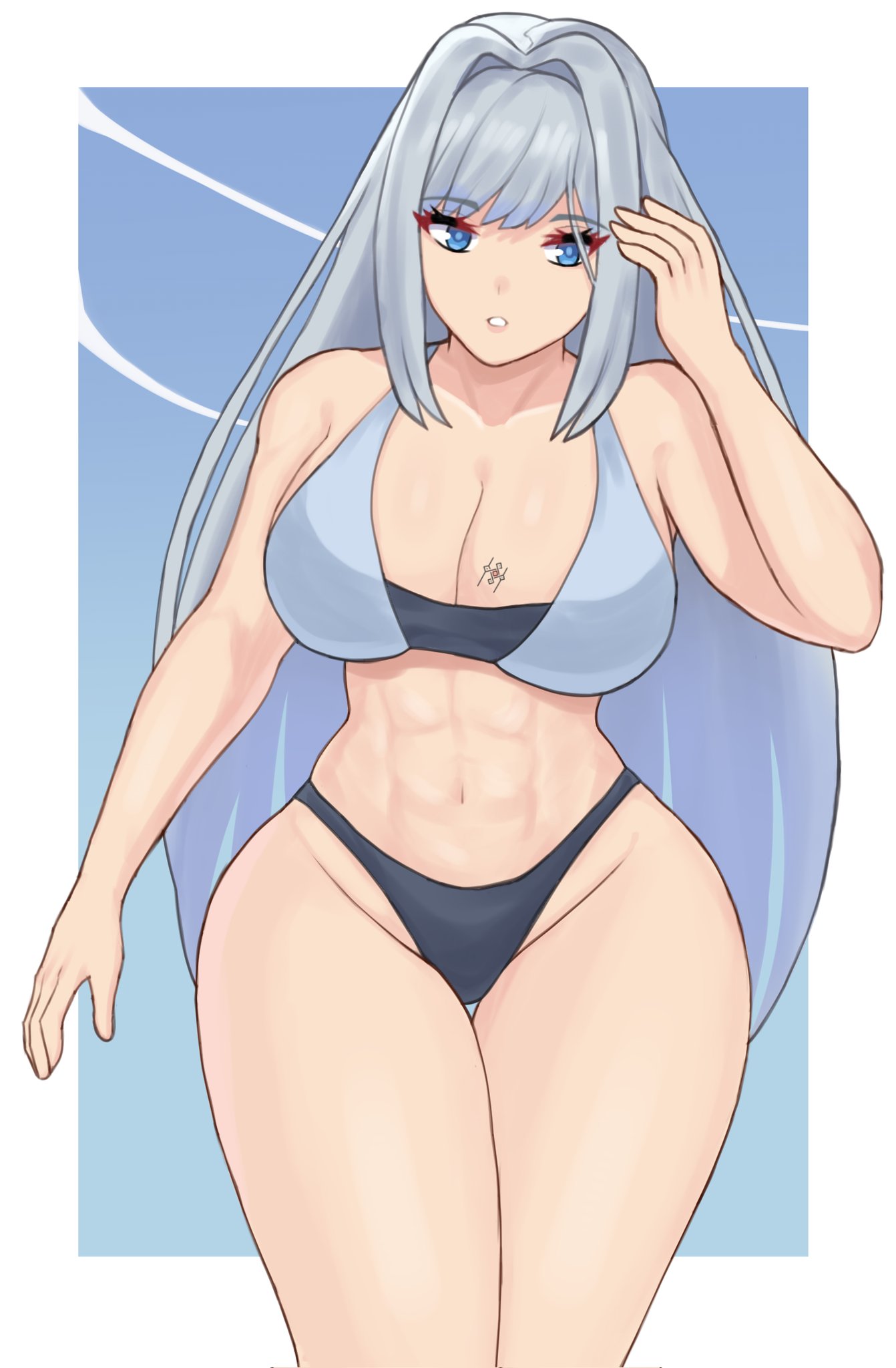 1girl abs alluring athletic_female big_breasts bikini black_bikini blue_eyes breast_tattoo cleavage commentary_request djames ethel_(xenoblade) facing_viewer female_abs fit_female high_res long_hair swimsuit tattoo white_hair xenoblade_(series) xenoblade_chronicles_3
