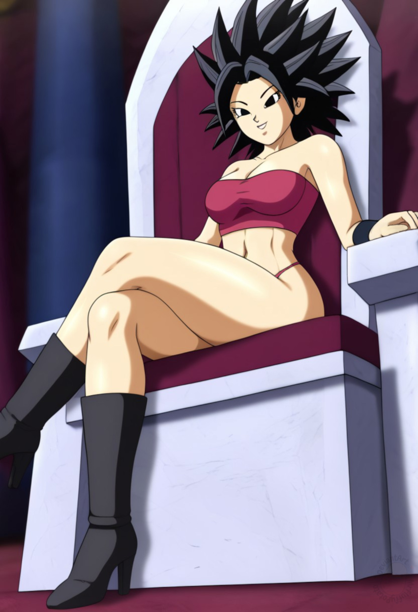 1girl adapted_costume bangs bare_arms bare_legs bare_shoulders big_breasts black_boots black_eyes black_footwear black_hair black_high_heel_boots black_high_heels boots breasts caulifla chair cleavage collarbone crossed_legs crossed_legs_(sitting) dragon_ball dragon_ball_super female_only female_solo footwear from_below grin hair_up high_heel_boots high_heels legs long_hair looking_at_viewer medium_breasts midriff mrfluffypotato naughty_face navel neck panties parted_bangs parted_lips pink_panties pink_tubetop pink_underwear saiyan saiyan_girl sitting sitting_on_chair sitting_on_throne smile spiky_hair strapless thighs throne toei_animation tubetop underwear