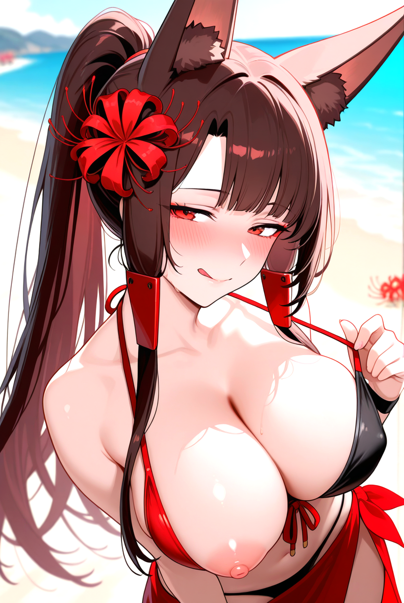 1girl ai_generated akagi_(azur_lane) azur_lane beach big_breasts bikini bikini_top_pull black_bikini_bottom black_bikini_top black_wristband blush breasts brown_hair female_only flower_in_hair fox_ears fox_girl hair_accessory hair_ornament heart licking_lips long_hair multicolored_bikini one_breast_out one_nipple_out ponytail red_bikini_top red_eyes red_sarong red_spider_lilies sarong seductive_eyes seductive_look seductive_smile ship_girl smile solo_female teasing tongue tongue_out wristband