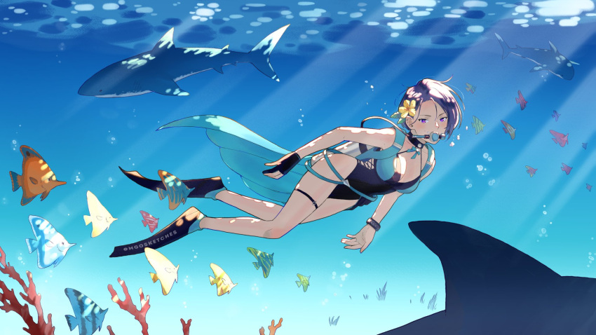 1girl air_bubble alluring artist_name bare_arms bare_legs big_breasts black_choker black_one-piece_bikini blue_cape blue_hair bracelet breasts bubble cape casual_one-piece_swimsuit choker cleavage coral cross-laced_clothes cross-laced_one-piece_bikini day diving diving_regulator female fire_emblem fire_emblem:_three_houses fish flippers flower from_side full_body gloves hair_flower hair_ornament halterneck high_res intelligent_systems jewelry looking_at_viewer mango_(mgosketches) nintendo ocean official_alternate_costume one-piece_bikini outside oxygen_tank partially_fingerless_gloves purple_eyes scuba scuba_tank shamir_nevrand shamir_nevrand_(summer) shark short_hair solo submerged sunlight swimming swimsuit tropical_fish twitter_username underwater waist_cape water yellow_flower