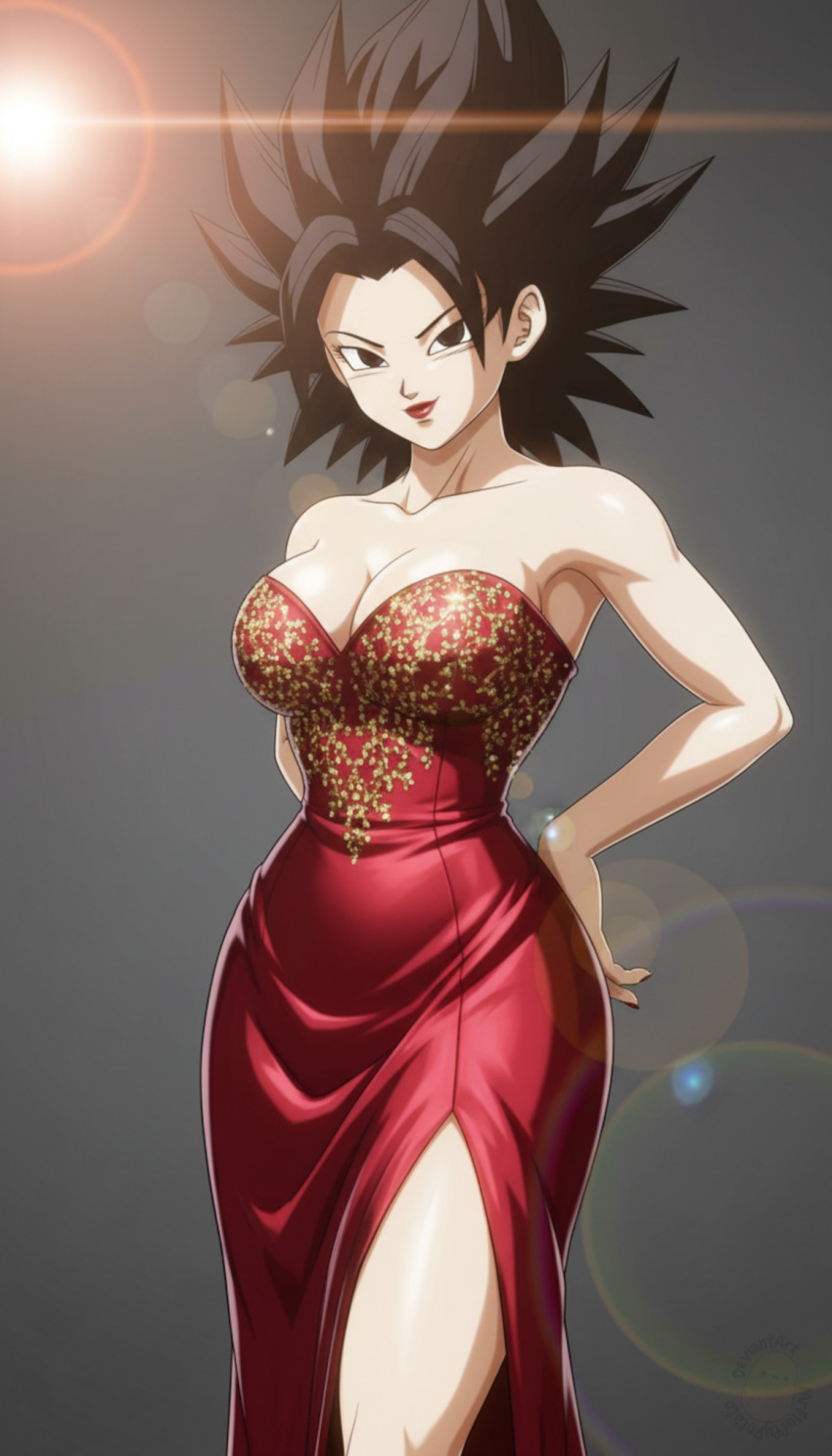 1girl alternate_costume arms_behind_back bangs bare_arms bare_shoulders big_breasts black_eyes black_hair breasts caulifla cleavage closed_mouth collarbone dragon_ball dragon_ball_super dress female_only female_solo grey_background hair_up hand_on_hip head_tilt lens_flare lips lipstick long_dress long_hair looking_at_viewer makeup mrfluffypotato naughty_face neck parted_bangs red_dress red_lipstick saiyan saiyan_girl side_slit simple_background smile spiky_hair standing strapless strapless_dress toei_animation