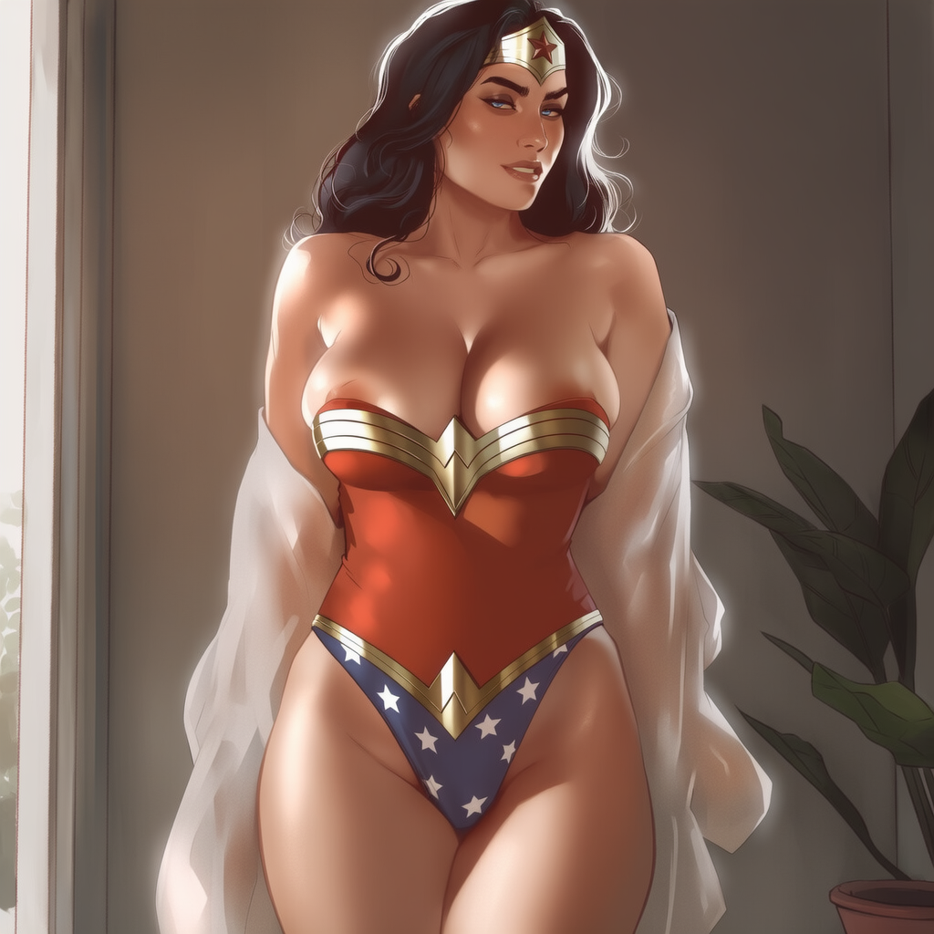 1girl amazon areola areola_slip bangs bare_legs bare_shoulders bathrobe big_breasts black_hair blue_eyes blue_leotard blush breasts brown_lipstick cleavage collarbone dc_comics diana_prince eyeshadow female_only female_solo gold_jewelry grin half-closed_eyes head_tilt heroine highleg highleg_leotard indoors jewelry justice_league justice_league_unlimited legs leotard lips lipstick long_hair looking_at_viewer makeup multicolored_clothes multicolored_leotard naughty_face neck off_shoulder parted_bangs parted_lips phophopho plant potted_plant red_leotard smile standing star star_(symbol) star_print straight_hair strapless strapless_leotard superhero_costume superheroine themysciran thick_eyebrows thighs tiara two-tone_leotard undressing white_bathrobe wonder_woman wonder_woman_(series)