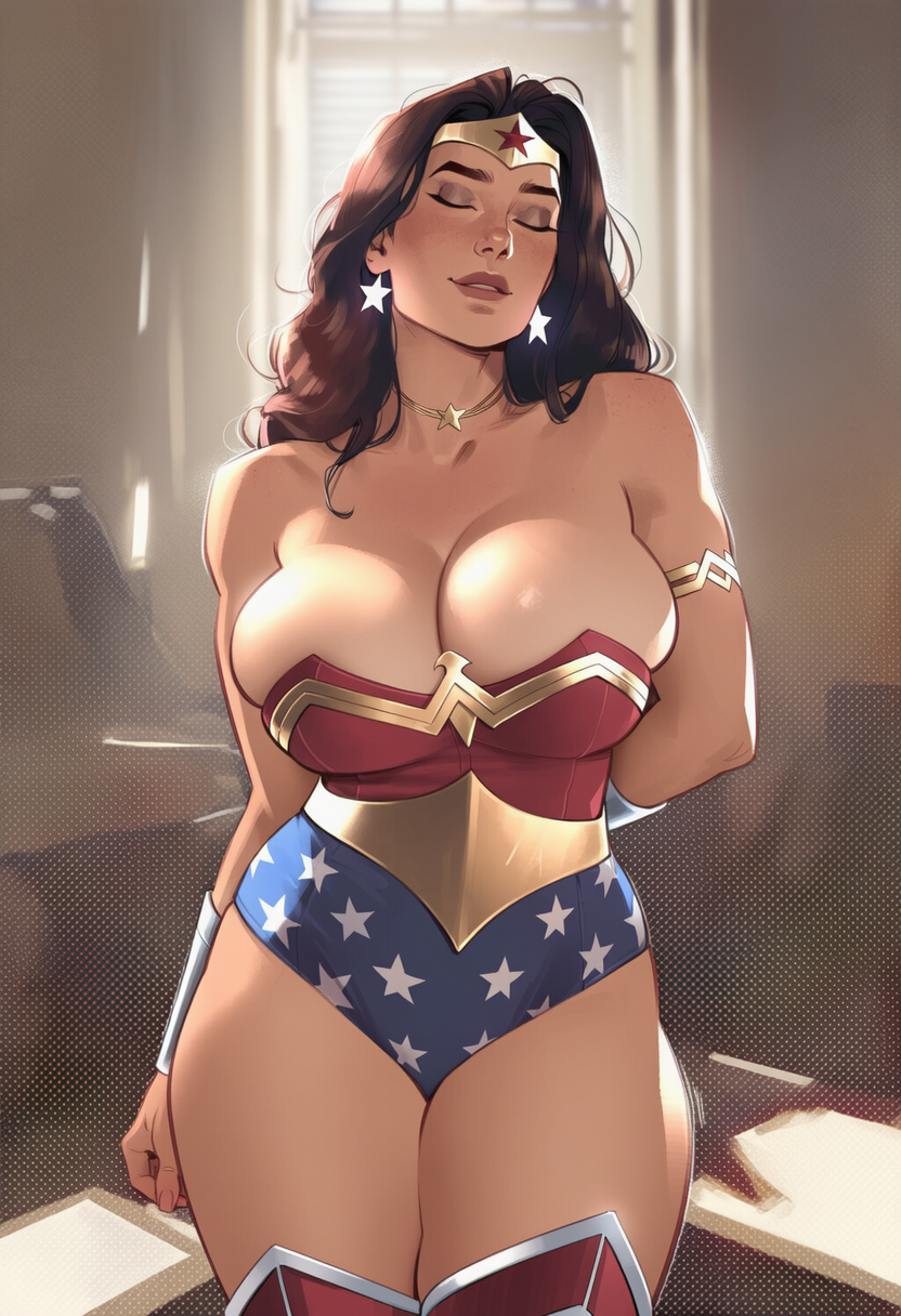 1girl amazon arm_at_side arm_behind_back armlet bangs bare_arms bare_legs bare_shoulders big_breasts black_hair blue_leotard boots bracer breasts brown_lipstick cleavage clenched_hand closed_eyes collarbone dc_comics diana_prince eyeshadow female_only female_solo footwear gold_armlet gold_jewelry gold_necklace grey_eyeshadow grin head_tilt heroine huge_breasts indoors jewelry justice_league justice_league_unlimited legs leotard lips lipstick long_hair makeup multicolored_clothes multicolored_leotard neck necklace parted_bangs parted_lips phophopho red_boots red_footwear red_leotard red_thigh_boots shadow silver_bracer silver_jewelry smile standing star star_(symbol) star_earrings star_necklace star_print straight_hair strapless strapless_leotard superhero_costume superheroine themysciran thick_eyebrows thick_thighs thigh_high_boots thighs tiara two-tone_leotard white_earrings window wonder_woman wonder_woman_(series)