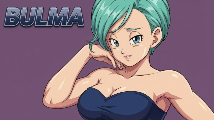 1girl aqua_hair armpits bare_arms bare_shoulders big_breasts blue_eyes breasts bulma_brief character_name cleavage collarbone dragon_ball dragon_ball_z female_only female_solo grin half-closed_eyes hand_up lips lipstick looking_at_viewer makeup mrfluffypotato naughty_face neck parted_lips pink_lipstick purple_background short_hair simple_background smile strapless toei_animation upper_body