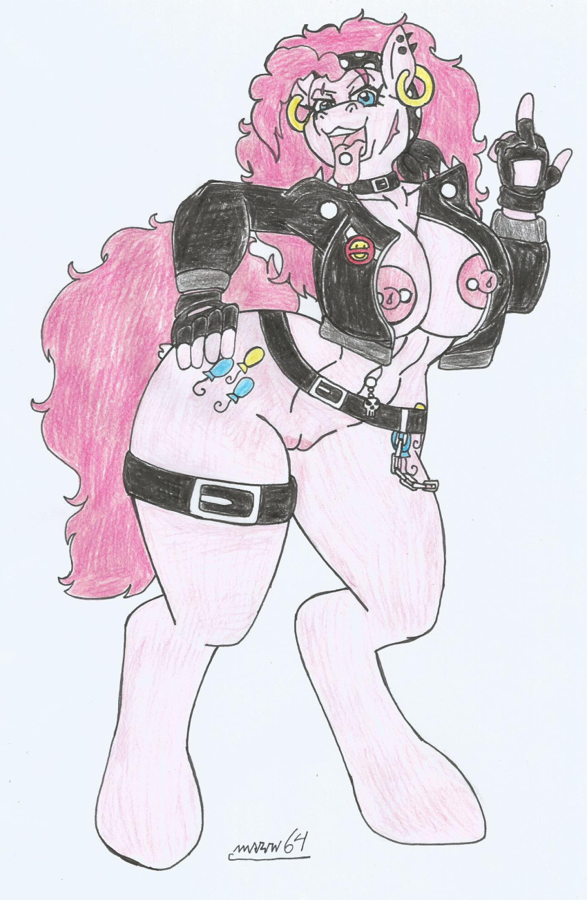 1girl belts big_breasts big_hips female female/solo friendship_is_magic hasbro jacket jacket_only marlon64 middle_finger my_little_pony naked_female navel_piercing nipple_piercings nsfw_furry piercings pinkie_pie pinkie_pie_(mlp) pony punk punk_girl solo tongue_out tongue_piercing white_background