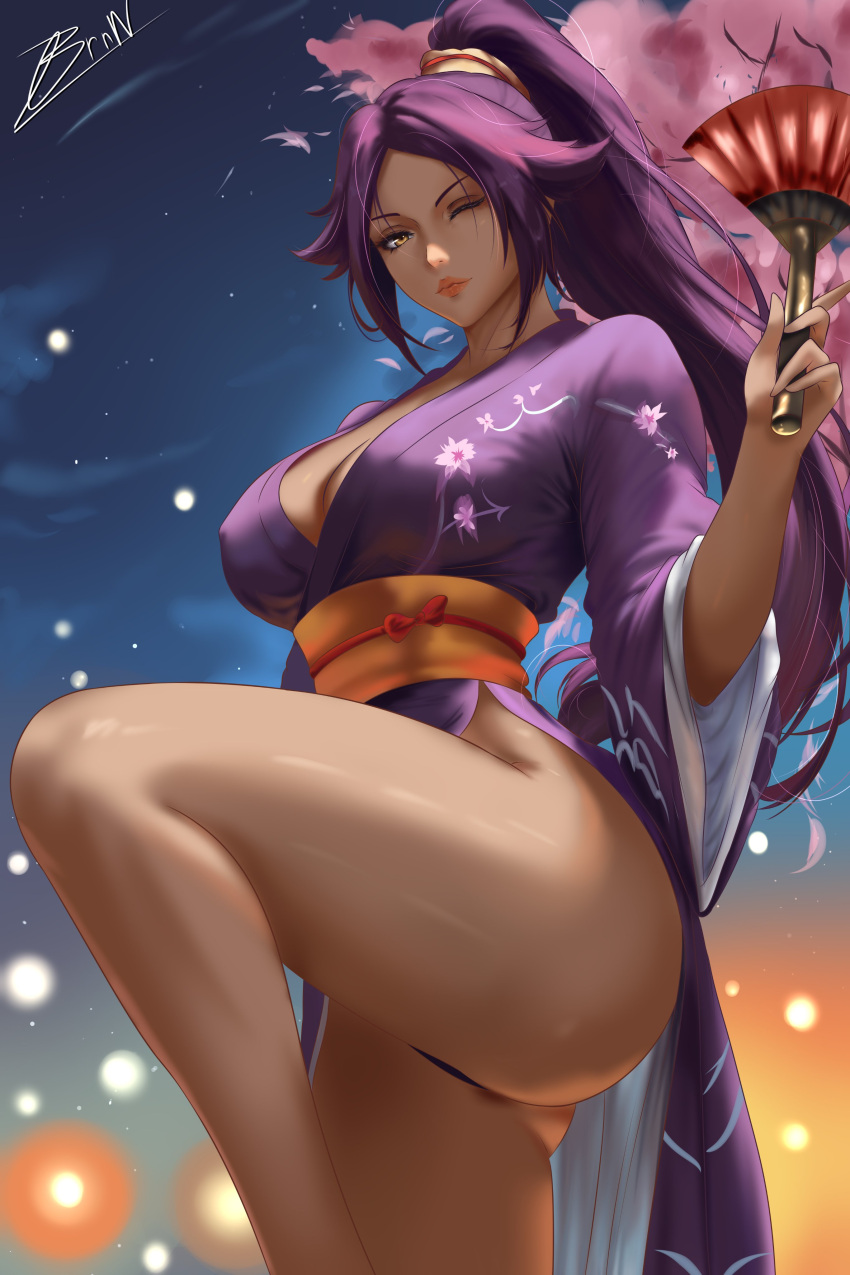 1girl big_breasts bleach brnn bubble_butt cleavage dark-skinned_female horny inviting_to_sex leg_lift legs_up looking_at_viewer pose purple_hair shihouin_yoruichi spread_legs standing teasing thick_thighs yellow_eyes yoruichi yoruichi_shihouin