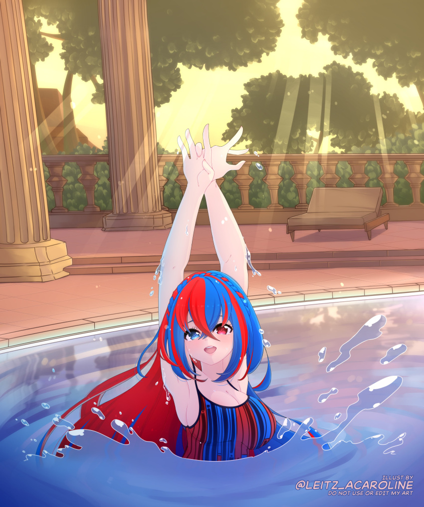 1girl :d absurd_res alear_(female)_(fire_emblem) alear_(fire_emblem) alluring alternate_costume arms_up bare_arms big_breasts blue_eyes blue_one-piece_bikini braid cleavage column commentary commission competition_swimsuit dancing english_commentary fire_emblem fire_emblem_engage heterochromia high_res intelligent_systems leitz_acaroline light_rays long_hair looking_at_viewer multicolored_hair multicolored_swimsuit nintendo one-piece_bikini open_mouth outside partially_submerged patio pillar pool recliner red_eyes red_one-piece_bikini reflection ripples sideboob smile splashing split-color_hair sunbeam sunlight sunset swimming swimming_pool swimsuit synchronized_swimming tree two-tone_hair very_long_hair water watermark wet