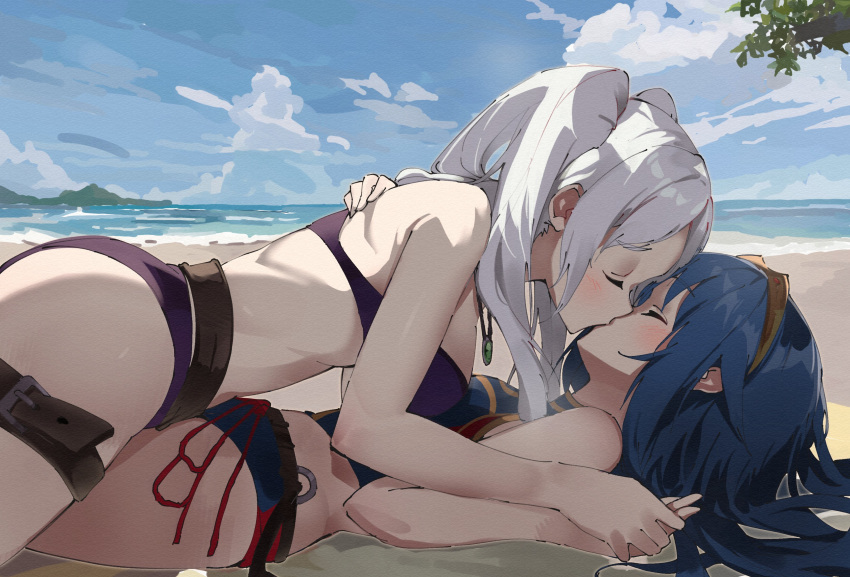 2_girls absurd_res alluring ass asymmetrical_docking beach belt big_breasts bikini blue_bikini blue_hair blue_sky blush breast_press brown_belt closed_eyes cloud commentary commission couple day english_commentary fire_emblem fire_emblem_awakening fire_emblem_cipher fire_emblem_heroes fire_emblem_warriors from_side gloves high_res holding_hands intelligent_systems lamb_(hitsujiniku) long_hair lucina lucina_(cipher_swimsuit)_(fire_emblem) lucina_(fire_emblem) lying multiple_girls nintendo ocean official_alternate_costume on_back on_ground outside purple_bikini robin_(fire_emblem) robin_(fire_emblem)_(female) robin_(summer)_(fire_emblem)_(female) sand second-party_source skeb_commission sky small_breasts swimsuit thigh_belt thigh_strap thighs tiara twin_tails white_hair yuri