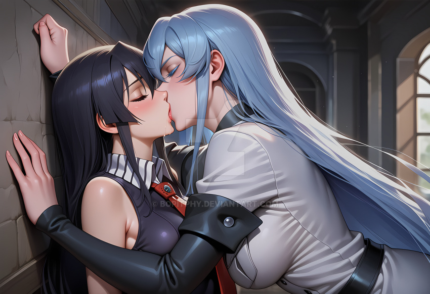 2_girls against_wall age_difference akame_(akame_ga_kill!) akame_ga_kill! arm_at_side bare_arms bare_shoulders belt big_breasts black_belt black_choker black_detached_sleeves black_hair black_shirt blue_hair blush bopitphy breast_press breasts choker clenched_hand closed_eyes collared_shirt couple day detached_sleeves duo esdeath female/female female_only hair_between_eyes hime_cut indoors jacket kissing light_blue_hair lips long_hair love military_uniform multiple_girls mutual_yuri neck neck_tie neckwear no_hat no_headwear red_necktie red_neckwear rivals romantic romantic_couple saliva shadow shirt sidelocks sleeveless sleeveless_shirt square_enix straight_hair supervillainess uniform upper_body very_long_hair villainess white_jacket white_uniform window yuri