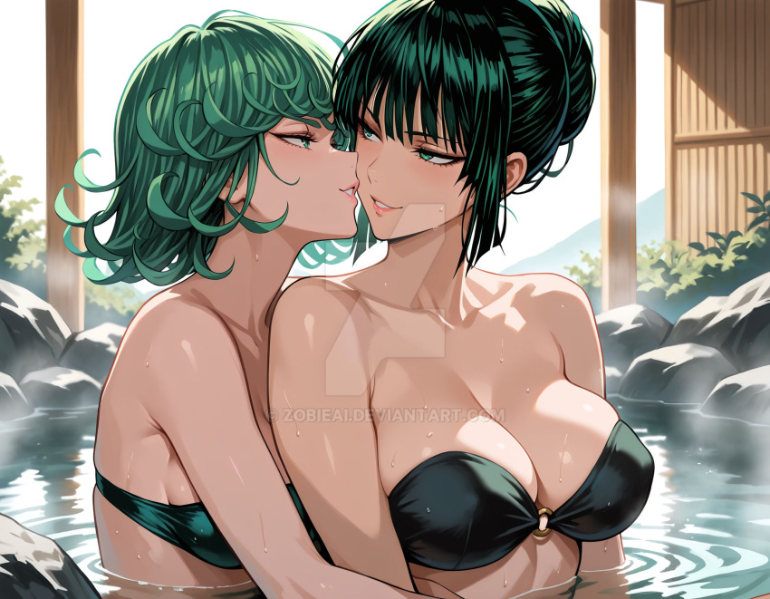 2_girls age_difference alternate_costume alternate_hairstyle arms_at_sides bare_arms bare_shoulders bath bathing behind_another big_breasts bikini black_bikini black_swimsuit breasts bush bushes cleavage collarbone couple dark_green_hair day duo eye_contact female/female female_only femdom femsub fubuki_(one-punch_man) green_bikini green_eyes green_hair green_swimsuit grin hair_bun half-closed_eyes hug_from_behind hugging hugging_from_behind incest lezdom lezsub lips lipstick looking_at_another looking_back love makeup medium_breasts midriff multiple_girls mutual_yuri naughty_face neck o-ring o-ring_bikini o-ring_swimsuit one-punch_man onsen outside parted_lips pink_lipstick plant rock romantic romantic_couple same-sex_bathing shared_bathing short_hair siblings sisters smile strapless strapless_bikini strapless_swimsuit stream swimsuit tatsumaki tatsumaki_(one-punch_man) tied_hair upper_body water wet wet_body yuri zobieai