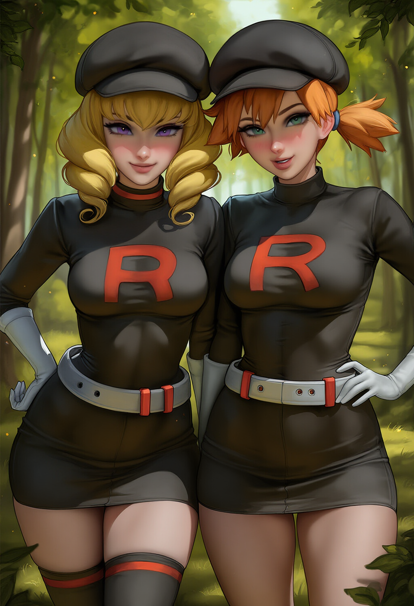 2_girls alternate_costume aroma_sensei bare_legs belt big_breasts black_dress black_hat black_headwear black_legwear black_thighhighs black_uniform blonde_female blonde_hair blush breasts cabbie_hat cosplay couple day domino_(pokemon) dress drill_hair duo female/female female_only forest gloves green_eyes grin hair_between_eyes hat headwear heroine leaf leaves legs legwear lips lipstick long_sleeves looking_at_viewer love makeup medium_breasts mewtwo_returns misty misty_(pokemon) multiple_girls mutual_yuri nature naughty_face neck nintendo open_mouth orange_hair outside parted_lips pink_lipstick pokemon pokemon:_mewtwo_returns pokemon_(anime) pokemon_(movie) ponytail purple_eyes rocket_grunt romantic romantic_couple short_dress short_hair short_ponytail side-by-side side_ponytail skin_tight smile standing stockings team_rocket team_rocket_(cosplay) team_rocket_grunt team_rocket_uniform teen teenage_girl thighs tied_hair tree turtleneck turtleneck_dress twin_drills uniform villainess white_belt white_gloves yuri