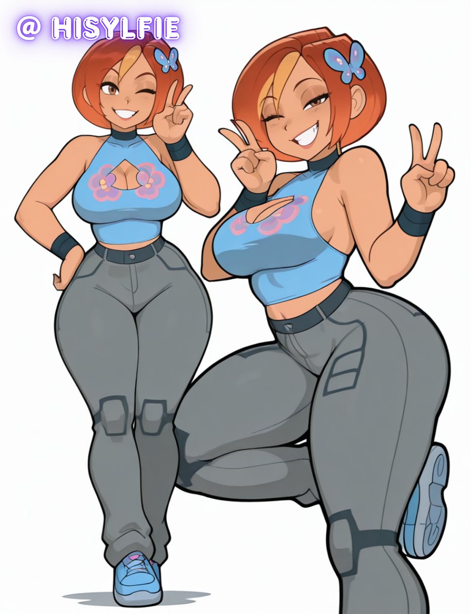 ai_generated athletic_female bare_thighs big_breasts brown_eyes butterfly_(planetronika) butterfly_hair_ornament grin hisylfie huge_breasts huge_thighs jeans light-skinned_female light_skin looking_at_viewer massive_breasts one_eye_closed orange_hair peace_sign planetronika short_hair solo_female squatting sweat sweatdrop thick_body thick_female thick_thighs thighs voluptuous voluptuous_female