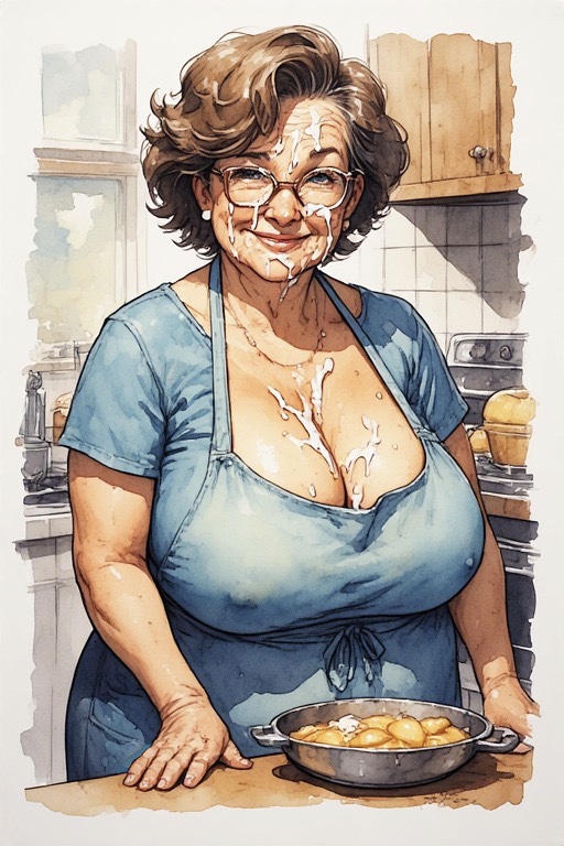 apron big_breasts brunette cleavage cum cum_on_cleavage female_only glasses huge_breasts kitchen mature_female milf sloppyai