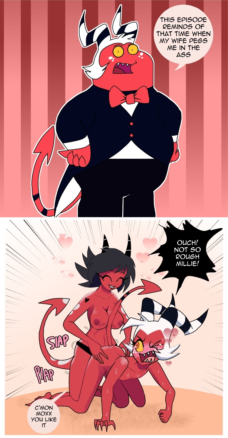 1boy 1girl 1girls all_fours anal anal_sex ass ass_grab big_breasts black_hair blush bodily_fluids bow_tie breasts butt_grab carliabot clothing curvy demon demon_boy demon_girl demon_horns dildo doggy_position domination duo english_text enjoying family_guy female_domination female_penetrating female_penetrating_male femdom from_behind_position funny hair hand_on_ass hand_on_butt heart helluva_boss high_res horn horns humanoid humor imp instant_loss_2koma male male_penetrated malesub married_couple meme millie_(helluva_boss) moxxie_(helluva_boss) nude on_ground open_mouth pain pegging penetration red_body red_skin rough_sex sex sex_toy spots straight strap-on strap-on suit sweat tail tattoo teeth toying_partner vivienne_medrano white_hair