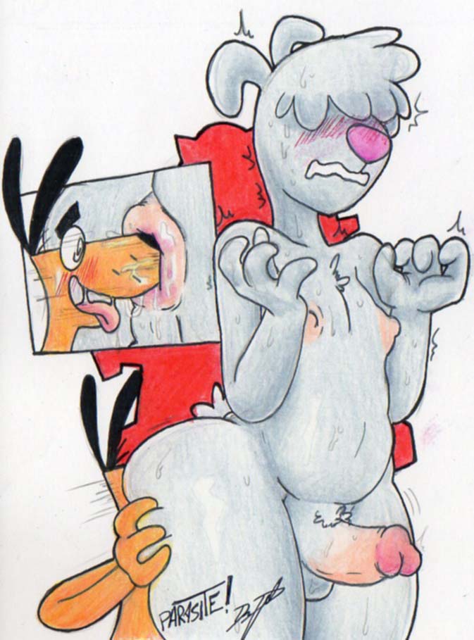 2_stupid_dogs anal anthro anthrofied anus artist_name ass balls big_dog_(2_stupid_dogs) blush canine canis duo erection gay girly humanoid_penis little_dog_(2_stupid_dogs) male male_only mammal nude orange_fur parasitedeath penis purple_nose simple_background size_difference smile testicles white_fur