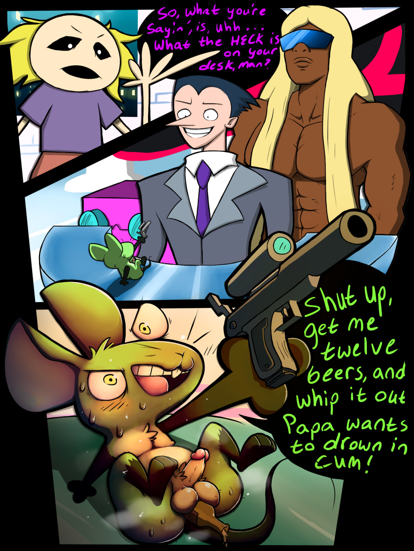 12_oz_mouse 5boys abs adult_swim alcohol anal ass balls beckoning beverage black_arms black_sclera black_tail blonde_hair blue_hair blush blush_lines bodily_fluids bottle bottle_insertion business_suit cartoon_network chibi clothed clothing confused confusion constricted_pupils cube dark-skinned_male dark_hair dark_skin desk dialogue english_text expressionless furry genital_fluids genitals glasses green_body green_fur green_text grin gun hi_res holding_object holding_weapon human humanoid_penis improvised_sex_toy industry_man lemon_smoothie_(artist) light-skinned_male light_skin liquid long_hair m_legs male male_only mammal messy_hair mouse mouse_fitzgerald murid murine muscular muscular_male nipples non-human object_in_ass object_insertion open_mouth outstretched_arm penis pink_body pink_text professor_wiix purple_shirt ranged_weapon reclining rectangular_businessman red_pants rodent roostre scope shirtless sitting_on_desk size_difference speech_bubble steam steaming_body suit suit_and_tie sweat sweating sweaty teapot_(body_type) testicles text threat threatening toony v-shaped_eyebrows weapon whiskers window