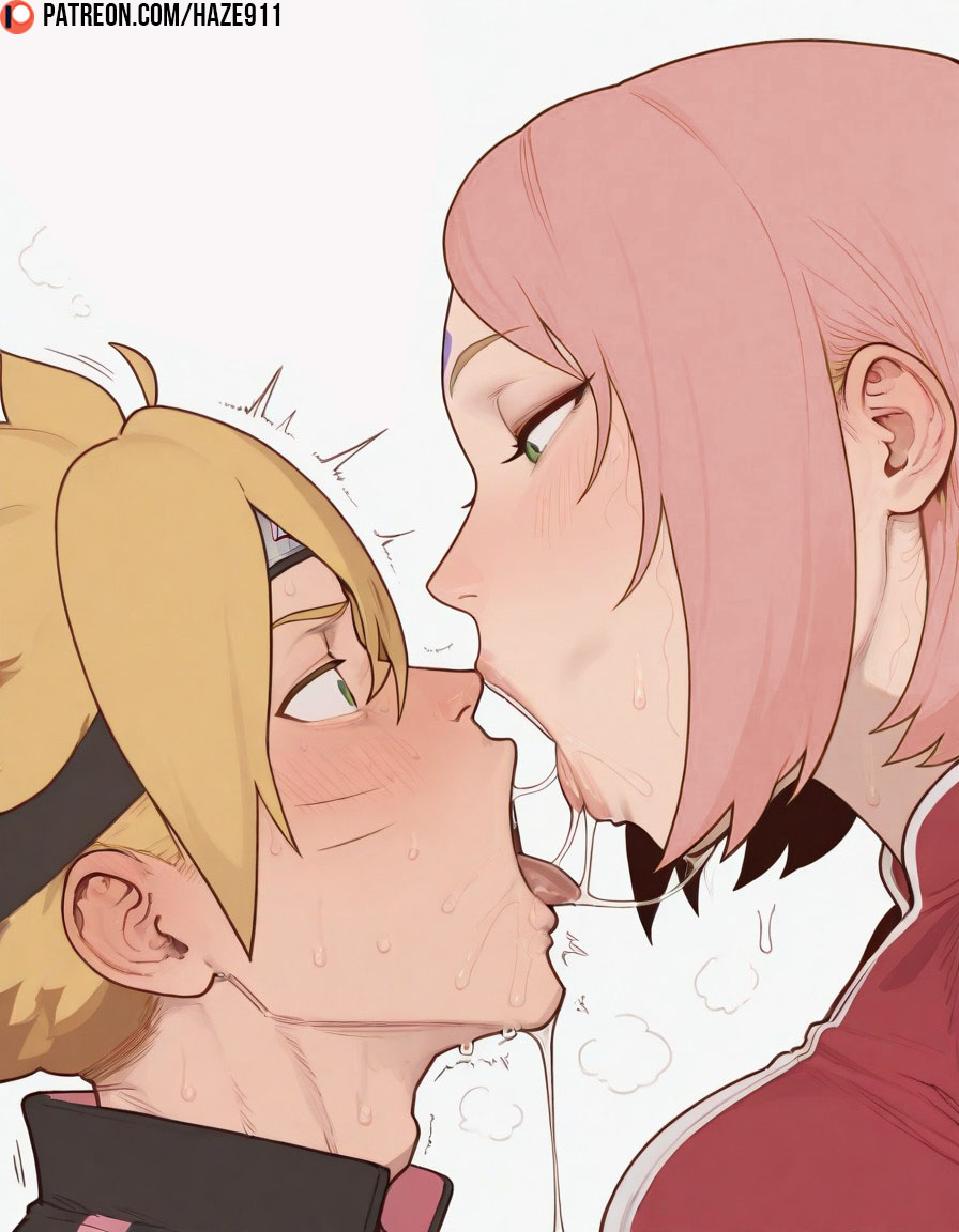 1boy 1girl after_kiss age_difference blonde_hair blue_eyes boruto:_naruto_next_generations boruto_uzumaki green_eyes haze911 light-skinned_female light-skinned_male light_skin naruto_(series) open_mouth pink_hair sakura_haruno saliva saliva_trail short_hair tongue_out