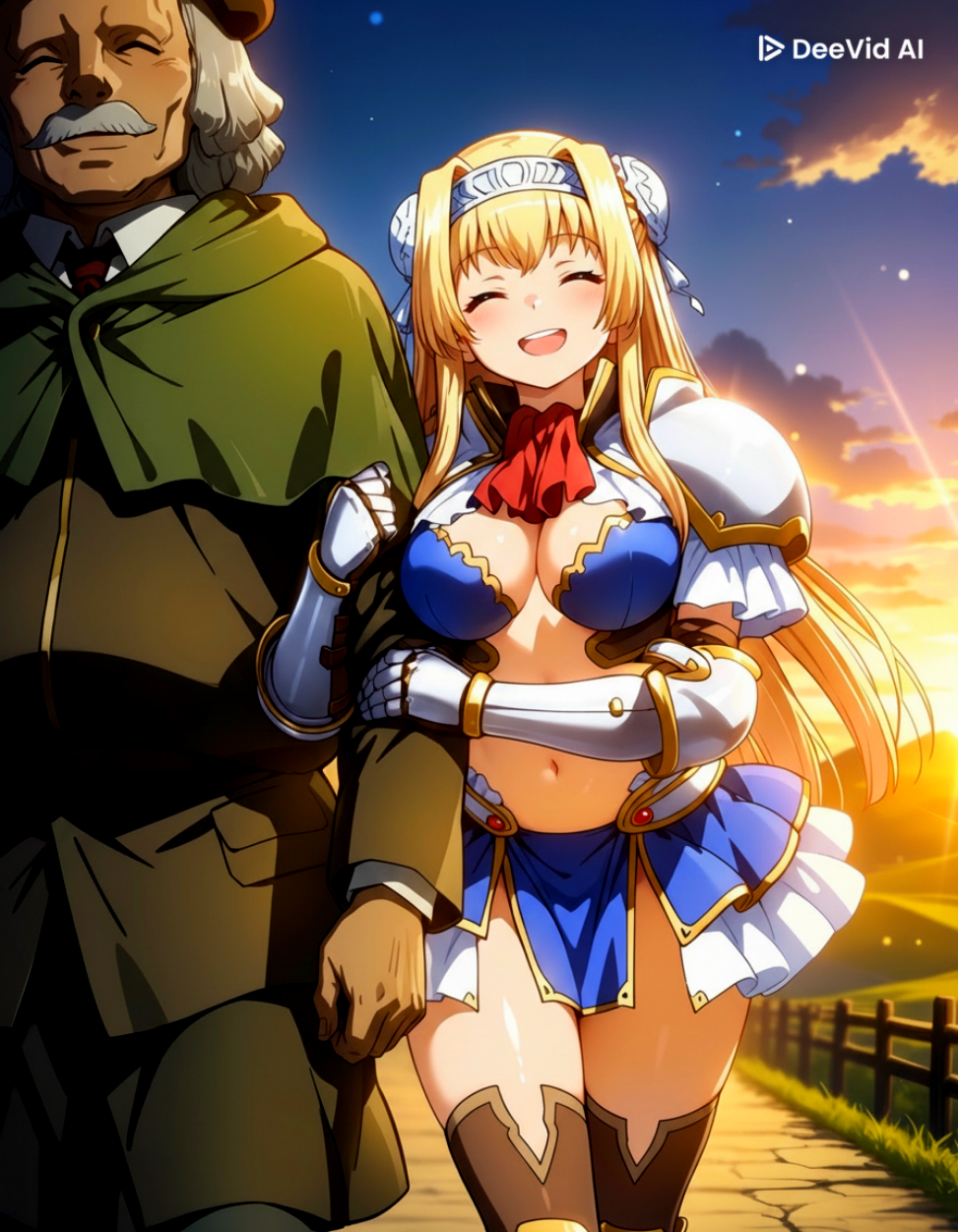 1boy 1girl ai_generated alicia_arcturus beardsley blonde_hair blush breasts closed_eyes deevid_ai hug kuroinu_~kedakaki_seijo_wa_hakudaku_ni_somaru~ miniskirt older_male revealing_clothes