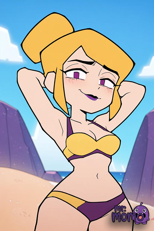 1girl 1girl 1girl ai_generated arm_behind_head artist_name beach bikini blonde_hair blue_sky blush breasts cleavage clothing cowboy_shot day gameoverse hair_bun half-closed_eyes hand_on_own_hip lipstick littlehentai looking_at_viewer makeup medium_breasts miss_information_(gameoverse) navel outside purple_bikini purple_eyes purple_lips sand savitar savitar_(artist) single_hair_bun sky smile standing swimsuit yellow_bikini