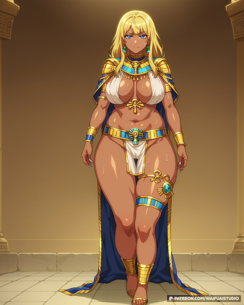 1girl 1girl 1girl anklet armlet armor ass_visible_through_thighs belly big_breasts blonde_hair blue_cape blue_eyes bracelet breasts breasts_apart cape cleavage closed_mouth clothing curvy dark-skinned_female dark_skin earrings egyptian egyptian_clothes fanbox_username full_body gold gold_bracelet gold_footwear jewelry long_hair looking_at_viewer medium_hair navel no_panties pelvic_curtain plump revealing_clothes sandals standing sweat tan thick_thighs thigh_gap thighlet thighs usekh_collar waifuai_studio white_nails wide_hips